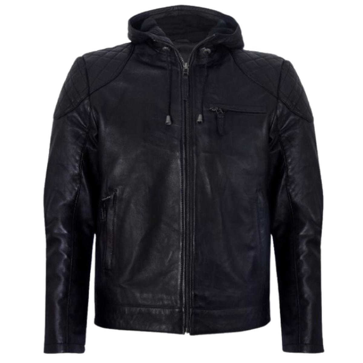 Men BlackLeather Hooded Bomber Jacket