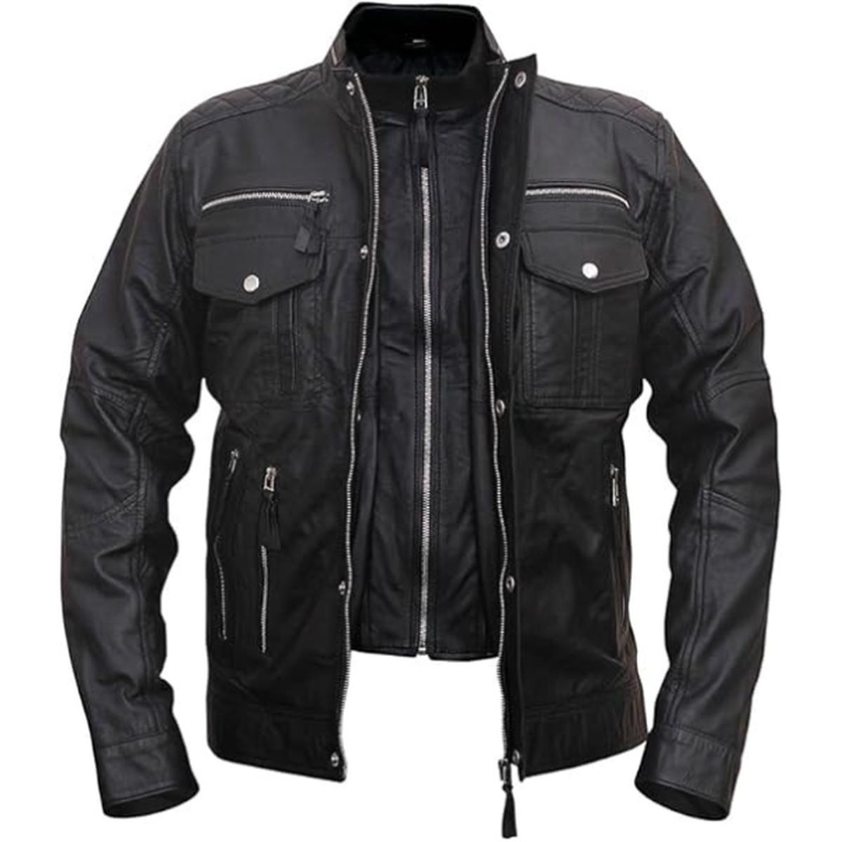 Men Cafe Racer Sheepskin Leather Jacket in Black