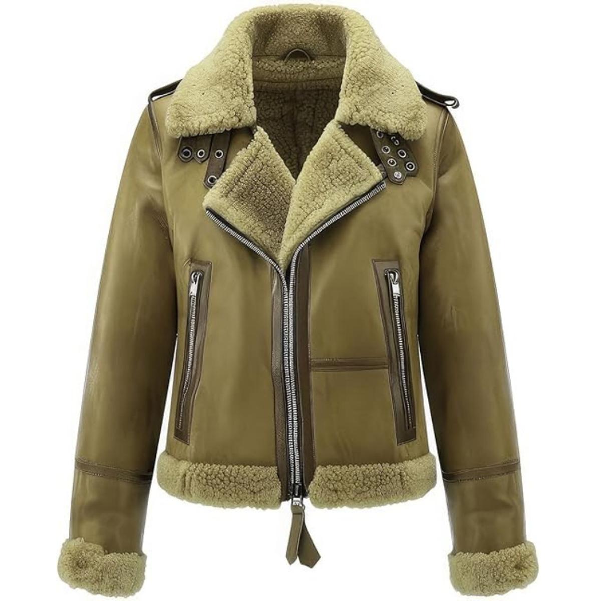 Women’s Olive Green Real Sheepskin Suede Fur Lined Aviator Jacket (2)