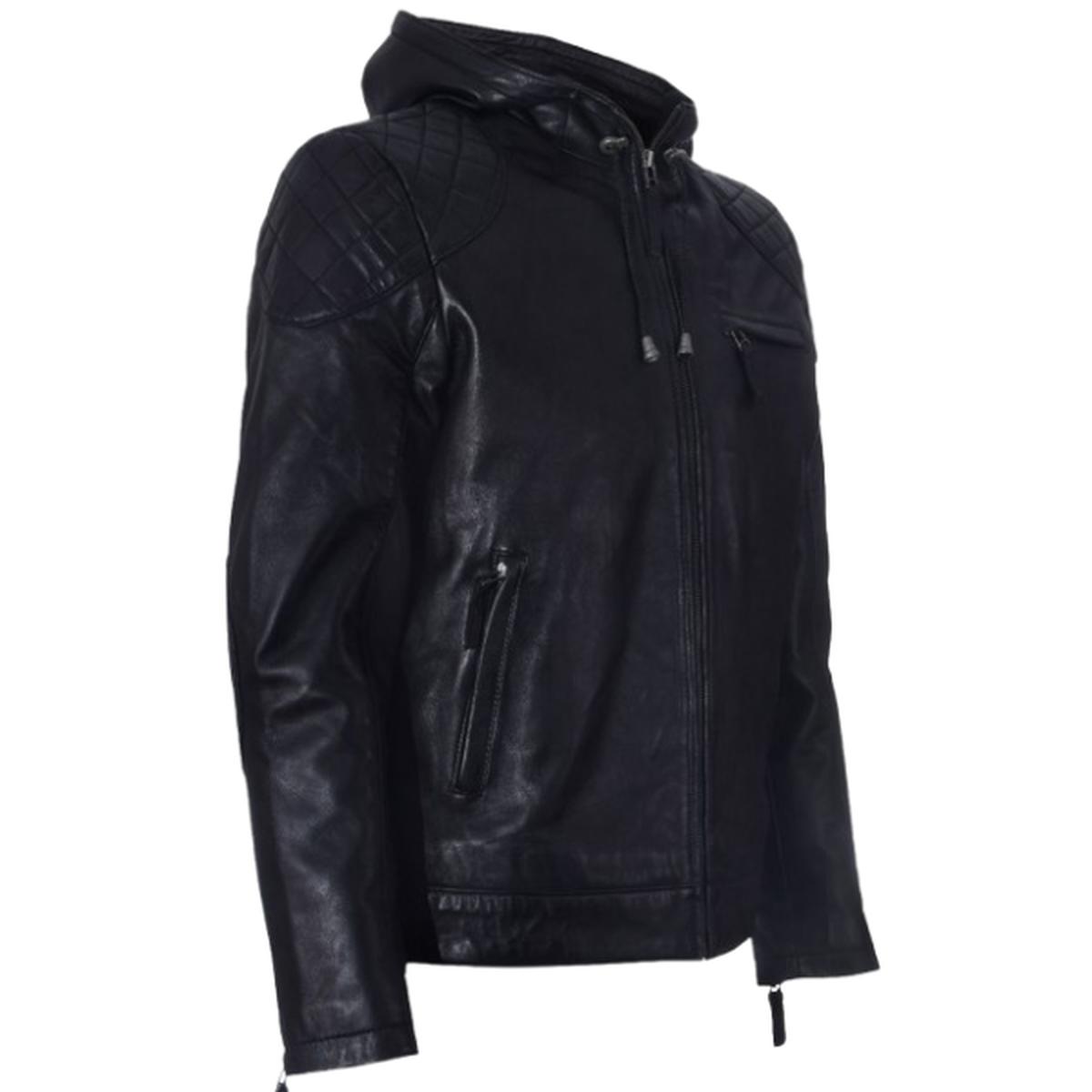 Men BlackLeather Hooded Bomber Jacket (3)