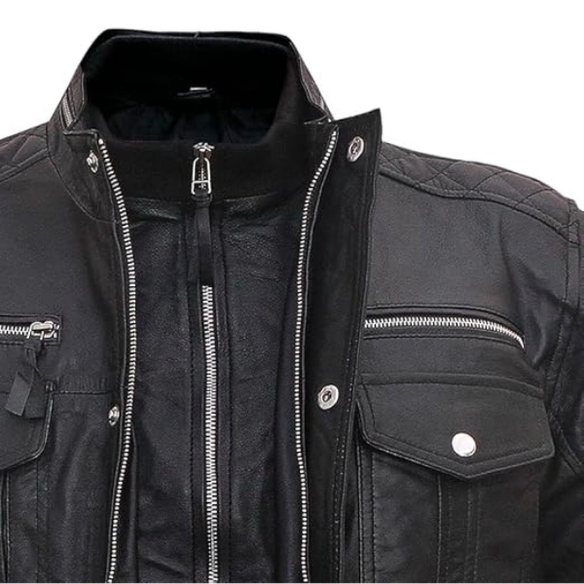 Men Cafe Racer Sheepskin Leather Jacket in Black (3)