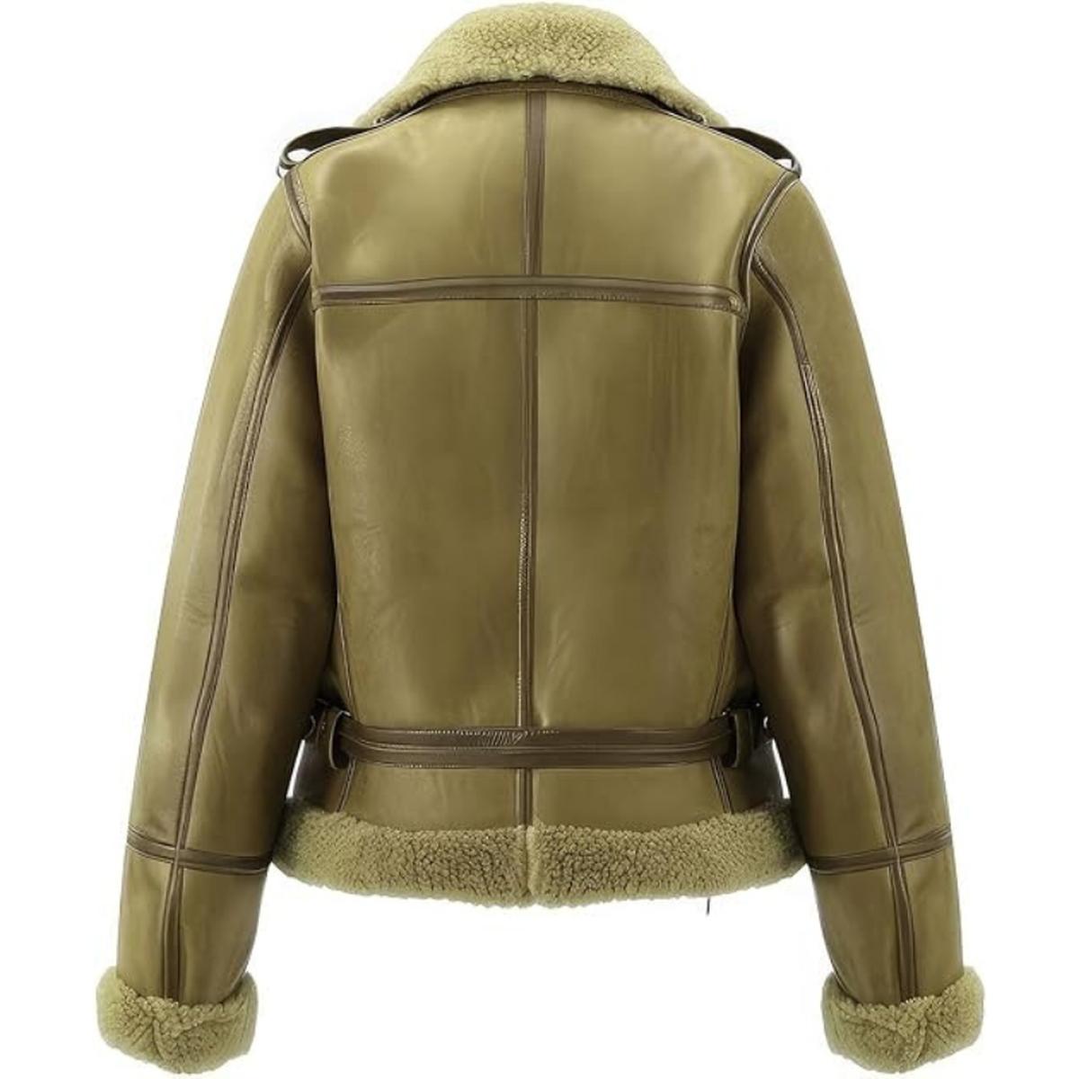 Women’s Olive Green Real Sheepskin Suede Fur Lined Aviator Jacket (3)