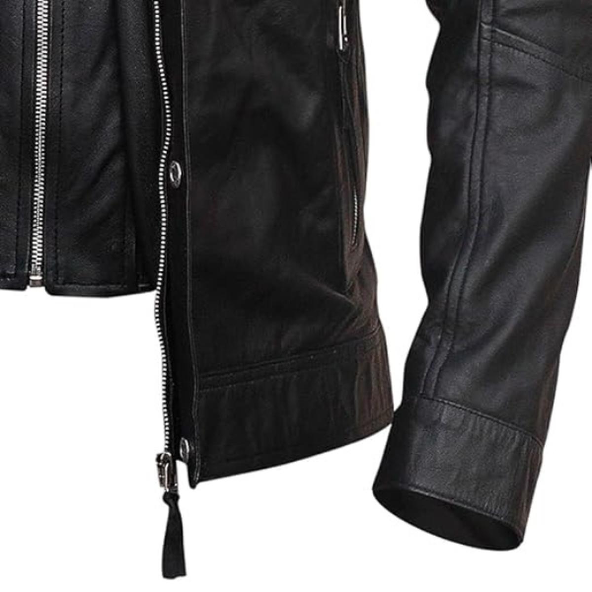 Men Cafe Racer Sheepskin Leather Jacket in Black (4)