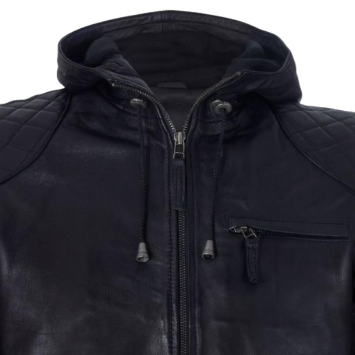 Men BlackLeather Hooded Bomber Jacket (5)