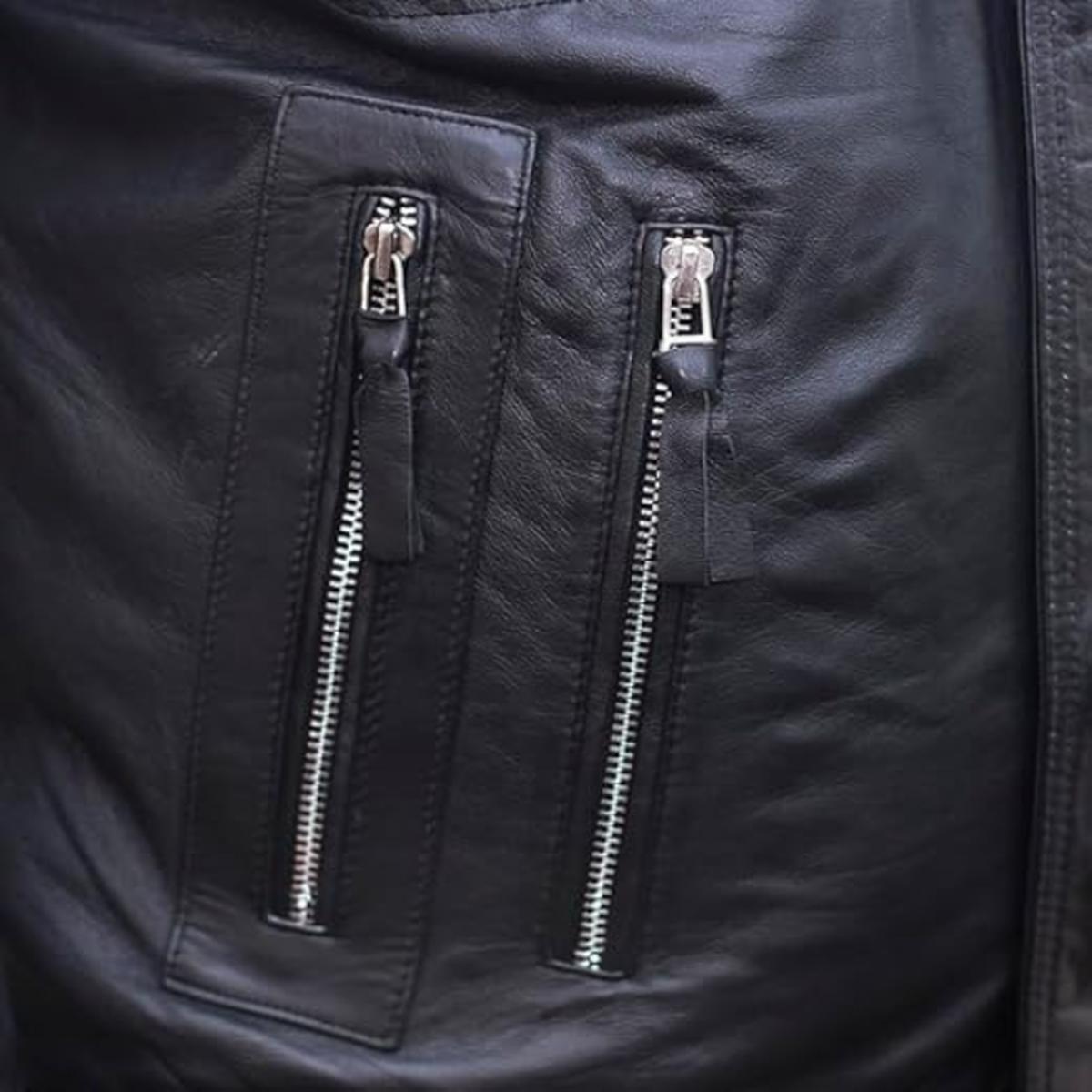 Men Cafe Racer Sheepskin Leather Jacket in Black (5)