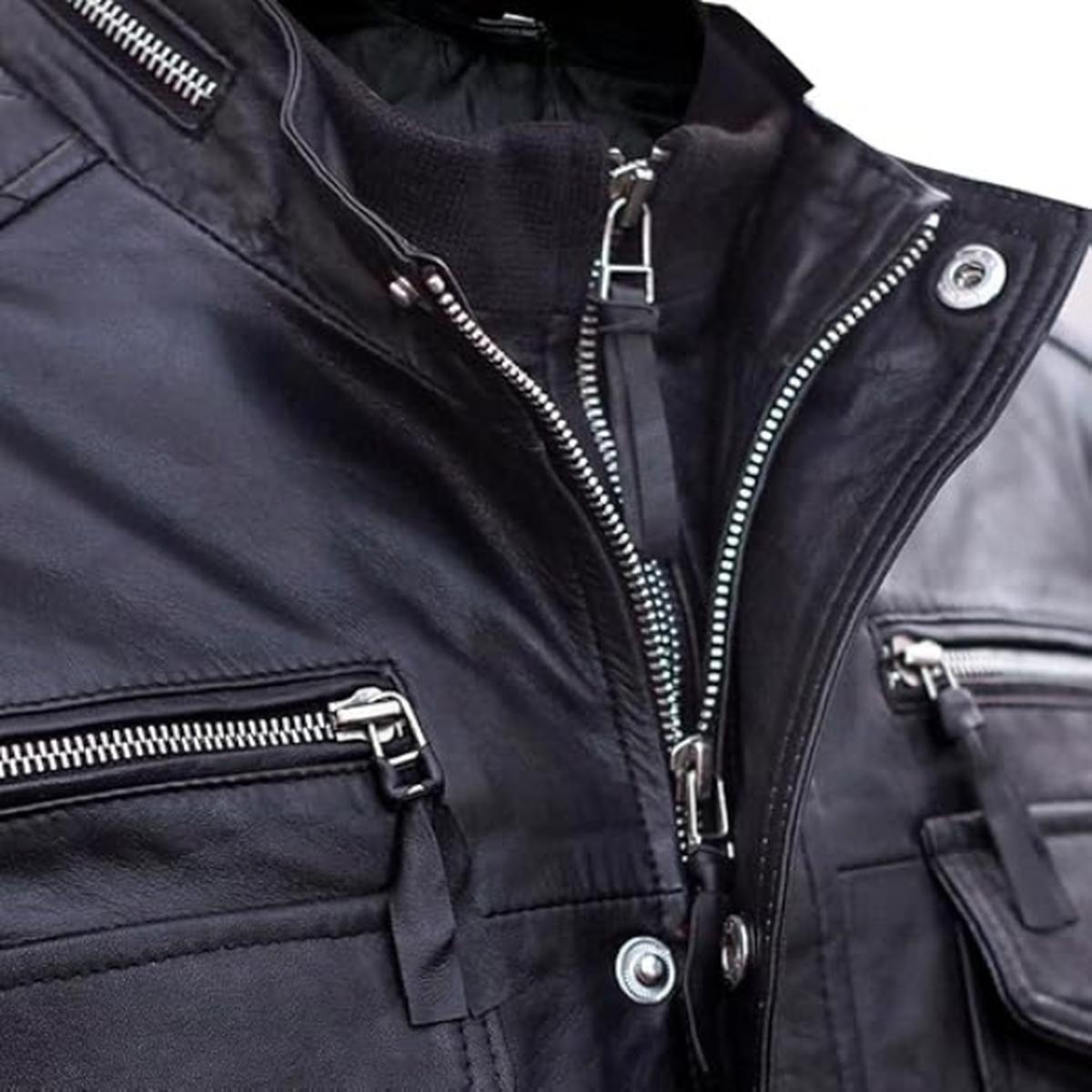 Men Cafe Racer Sheepskin Leather Jacket in Black (6)
