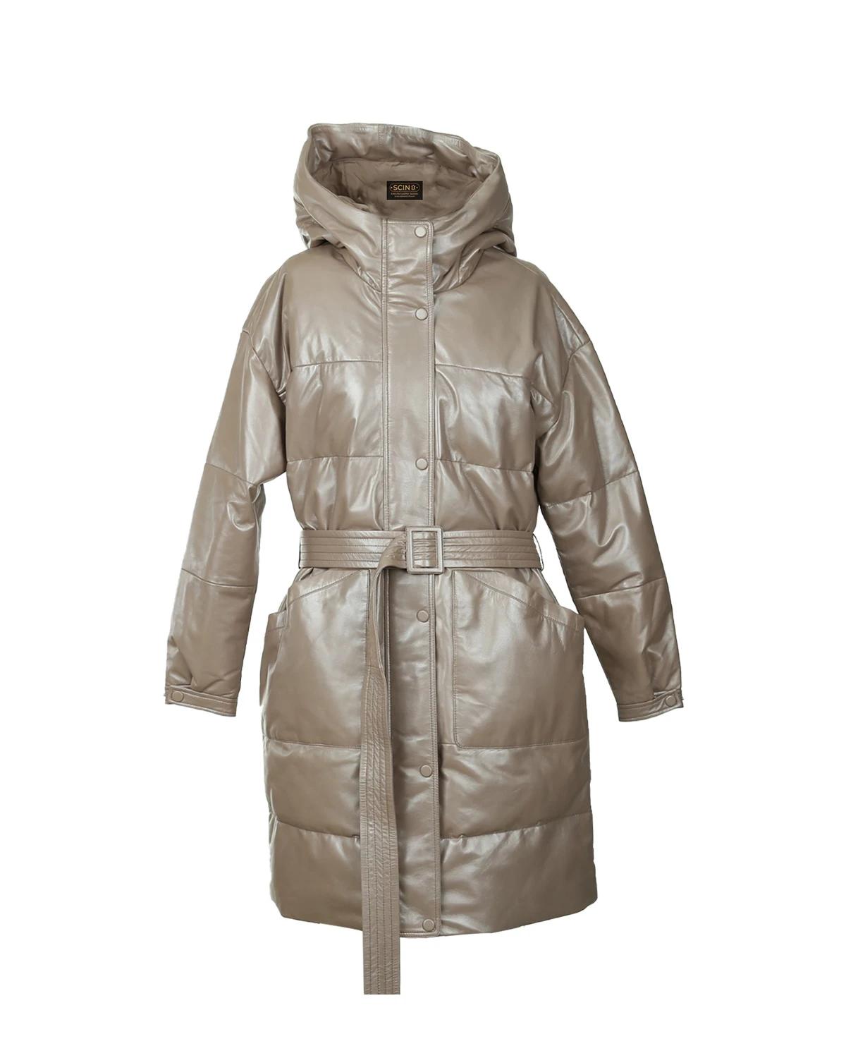 Aurora Belted Leather Puffer Long Coat