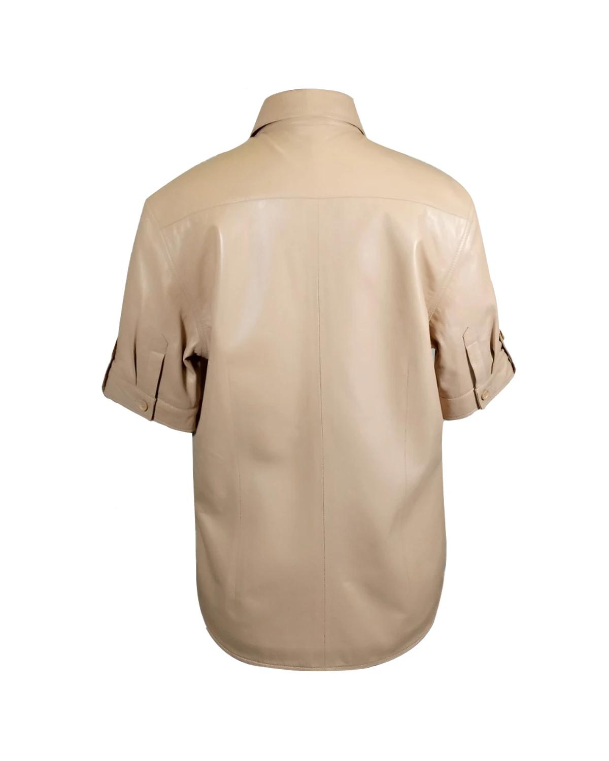 Women Short Sleeve Sheepskin Leather Shirt Jacket White (3)