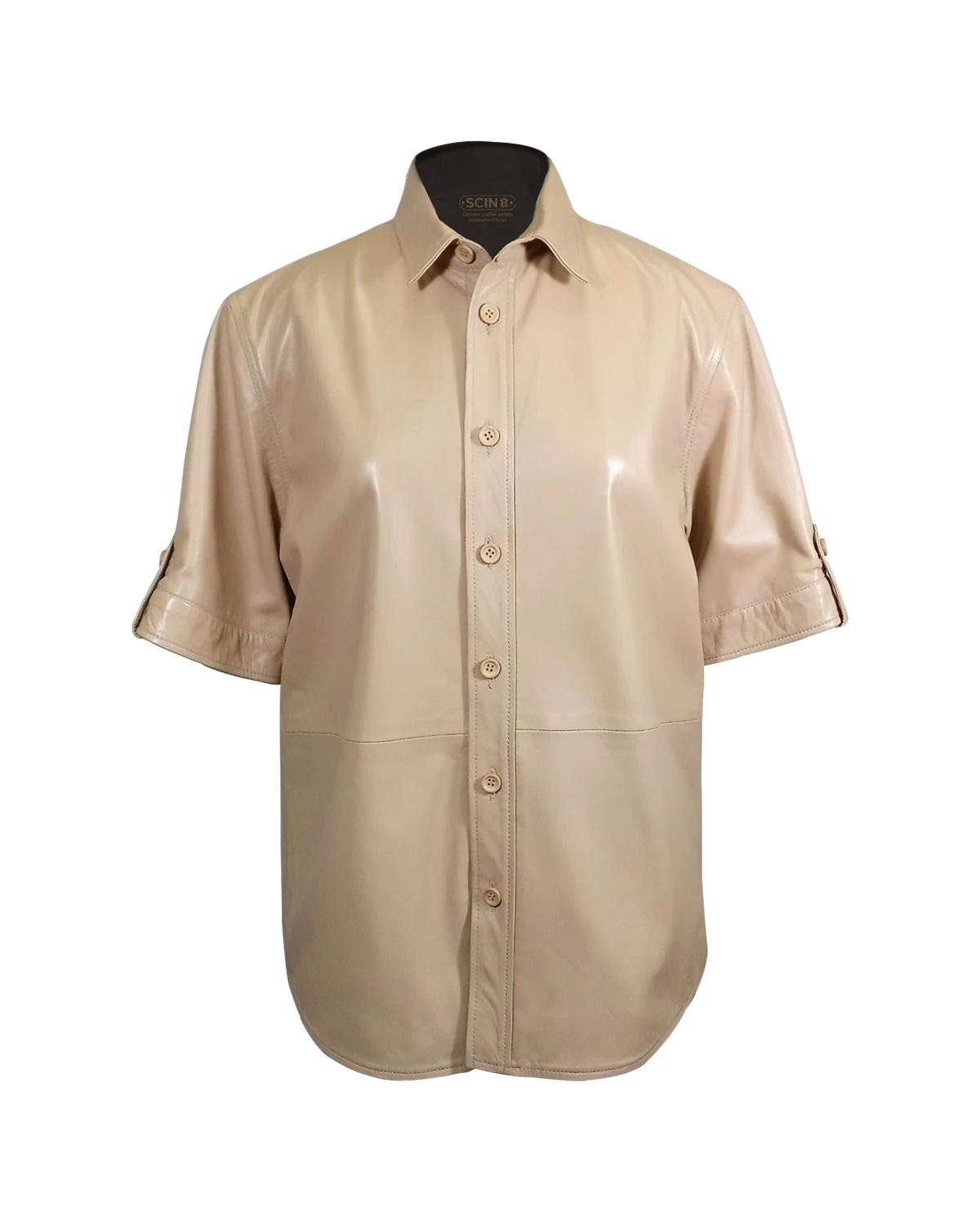 Women Short Sleeve Sheepskin Leather Shirt Jacket White