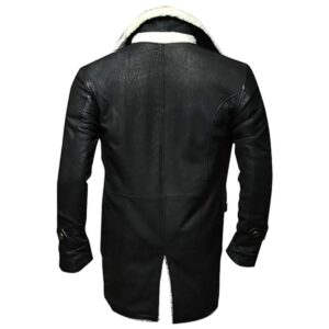 Men Black Sheepskin Leather Overcoat with White Interior Faux Fur