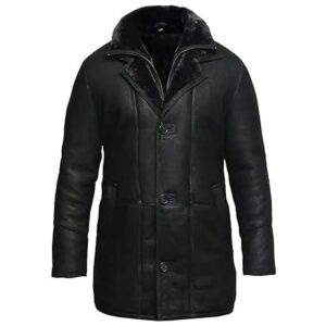 Black Shearling-Style Duffle Leather Trench Coat