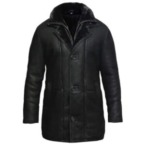 Black Shearling-Style Duffle Leather Trench Coat