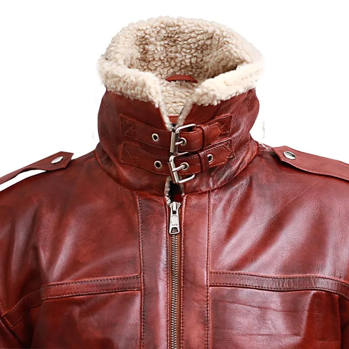 Men Brown Shearling Stand Collar Real Leather Jacket (3)