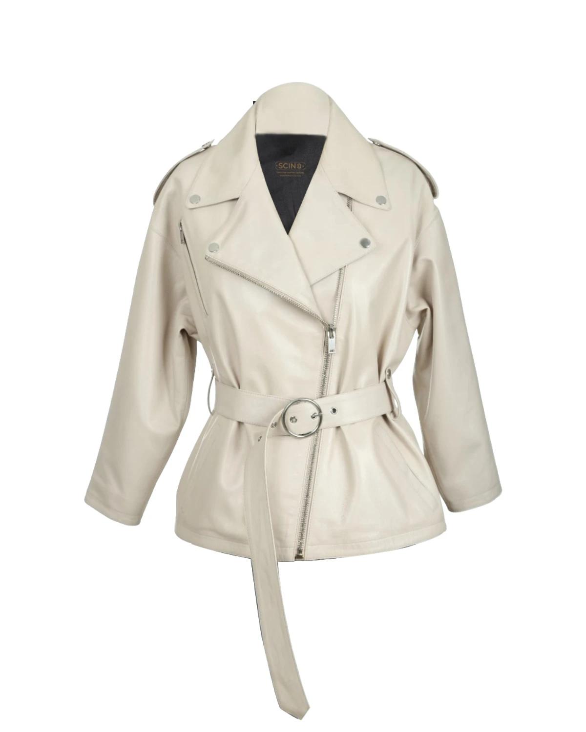 Women Cleo White Biker Sheepskin Leather Jacket