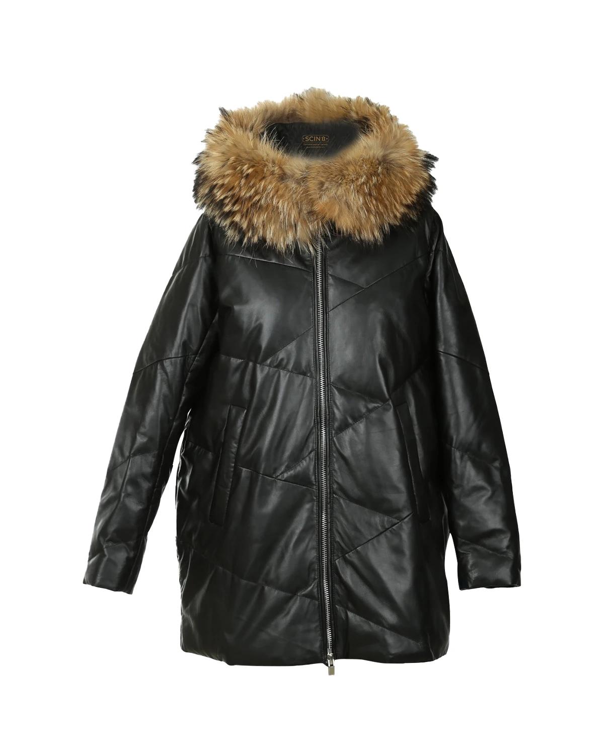 Women Detachable Hood Faux Fur Sheepskin Leather Puffer Coat
