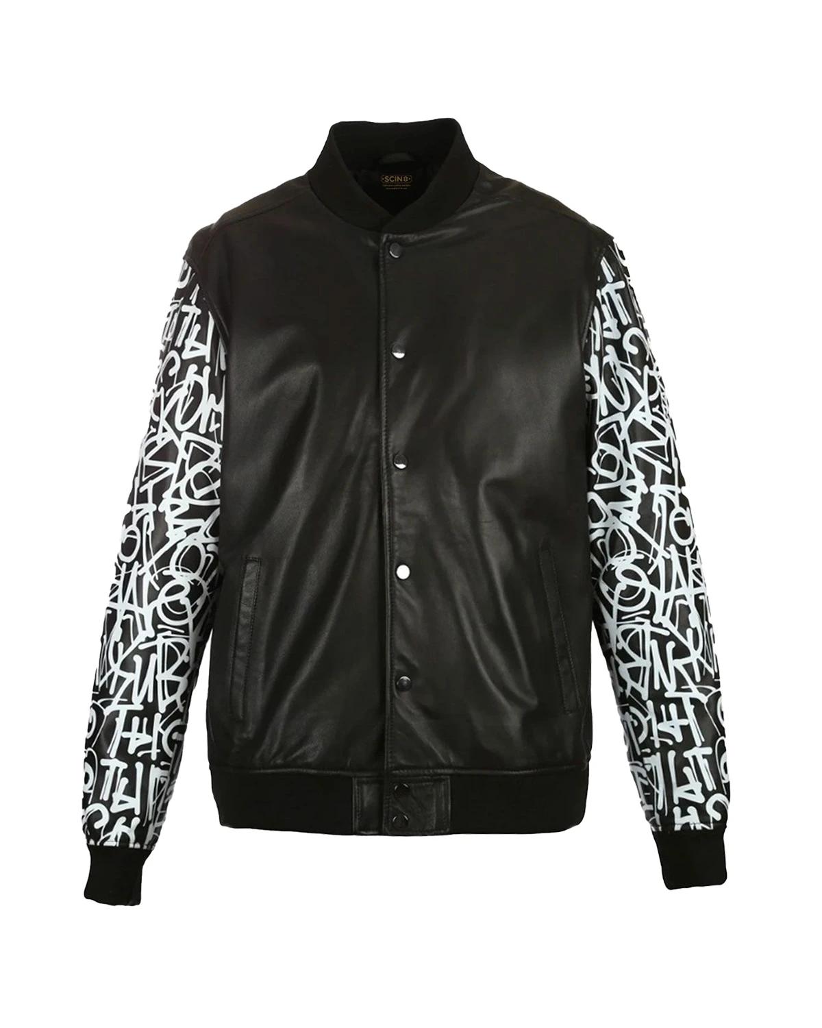 Men Varsity Sheepskin Leather Jacket Black