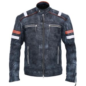 Vintage Biker Gray Sheepskin Leather Jacket For Men
