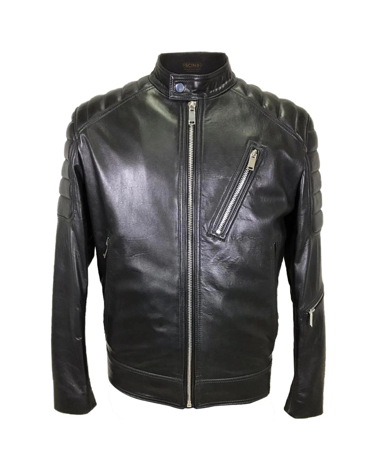 Men Band Collar Biker Sheepskin Leather Jacket Black