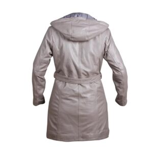 Women’s Gray Hooded Leather Overcoat With Belt