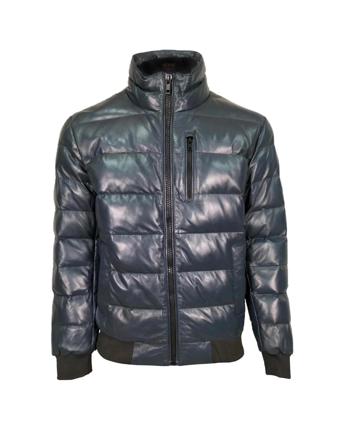 Men Puffer Sheepskin Bomber Leather Jacket Navy Blue