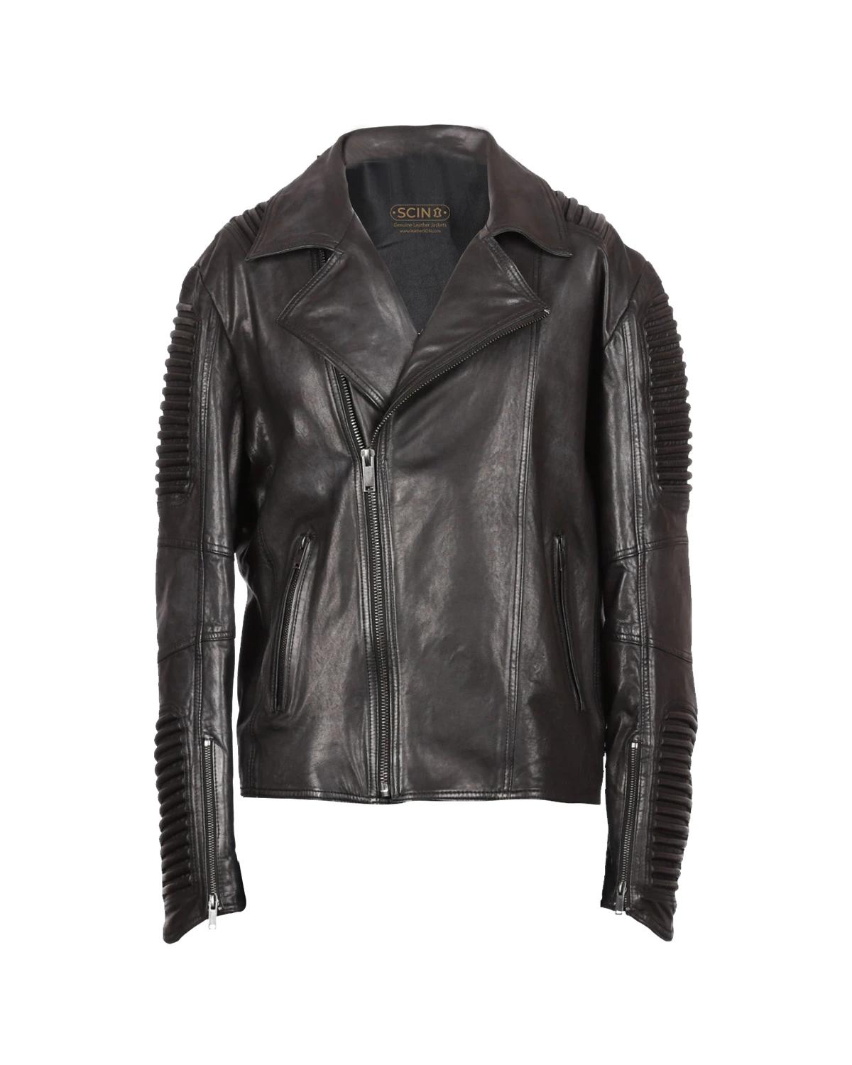 Men Padded Shoulder Biker Sheepskin Leather Jacket Black
