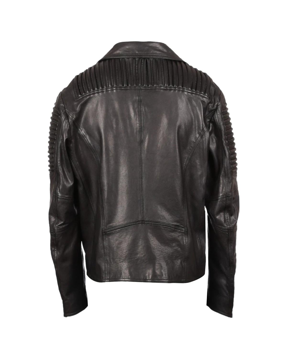 Men Padded Shoulder Biker Sheepskin Leather Jacket Black (2)