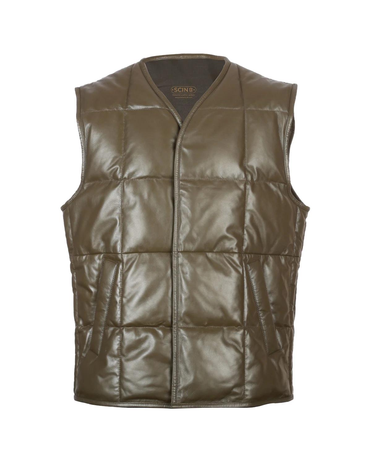 Men Quilted Leather Puffer Vest Brown