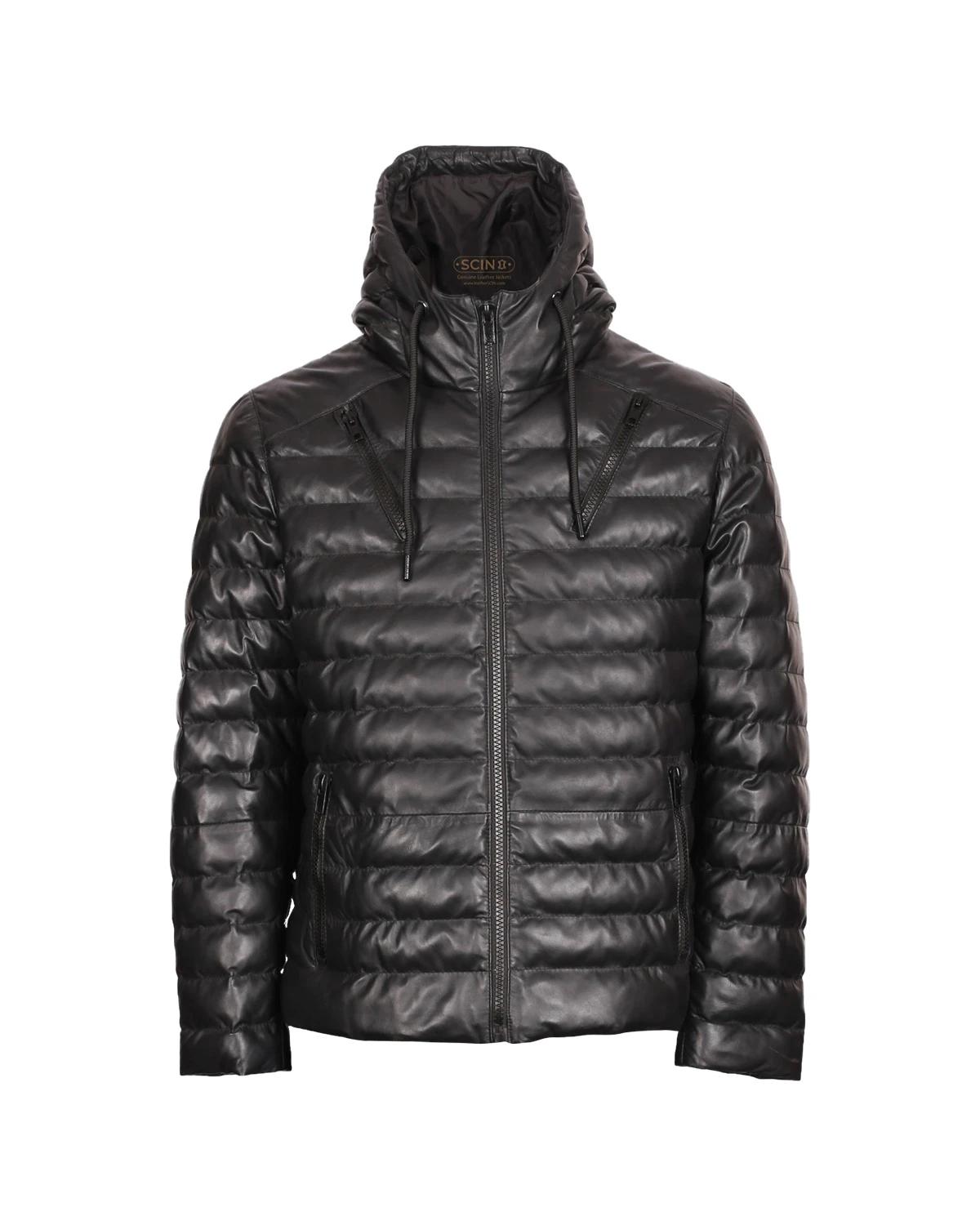 Men Sheepskin Hooded Puffer Leather Jacket Black