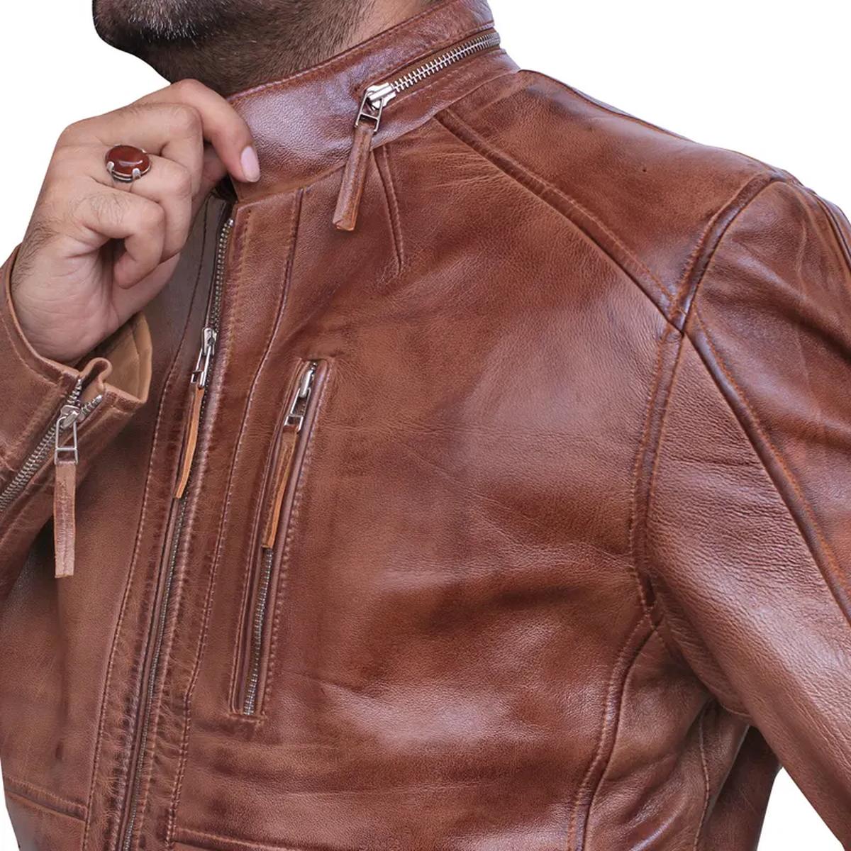 Men Brown Vintage Cafe Racer Style Leather Jacket (2)