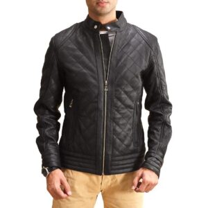 Men Black Leather Quilted Jacket