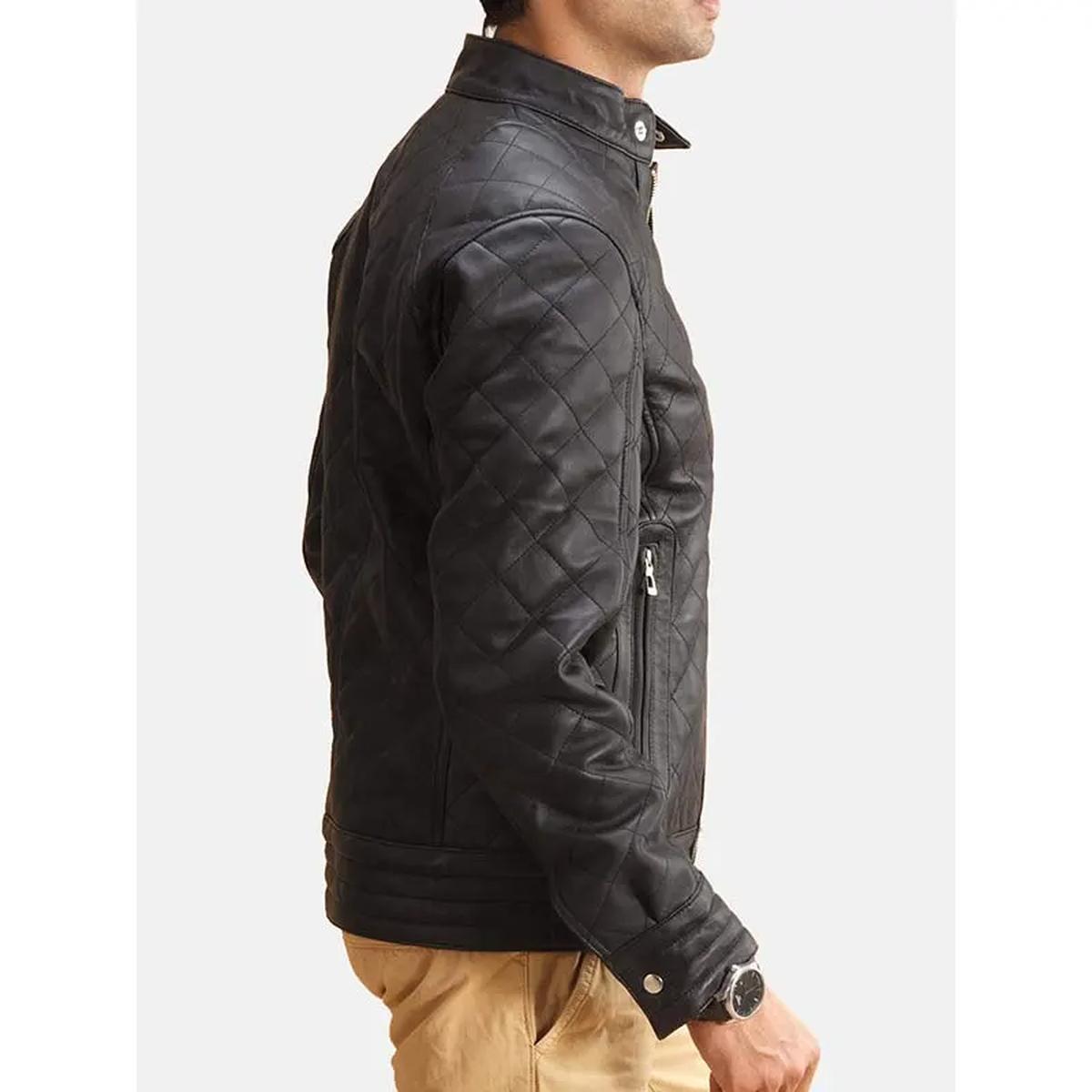 Men Black Leather Quilted Jacket (4)