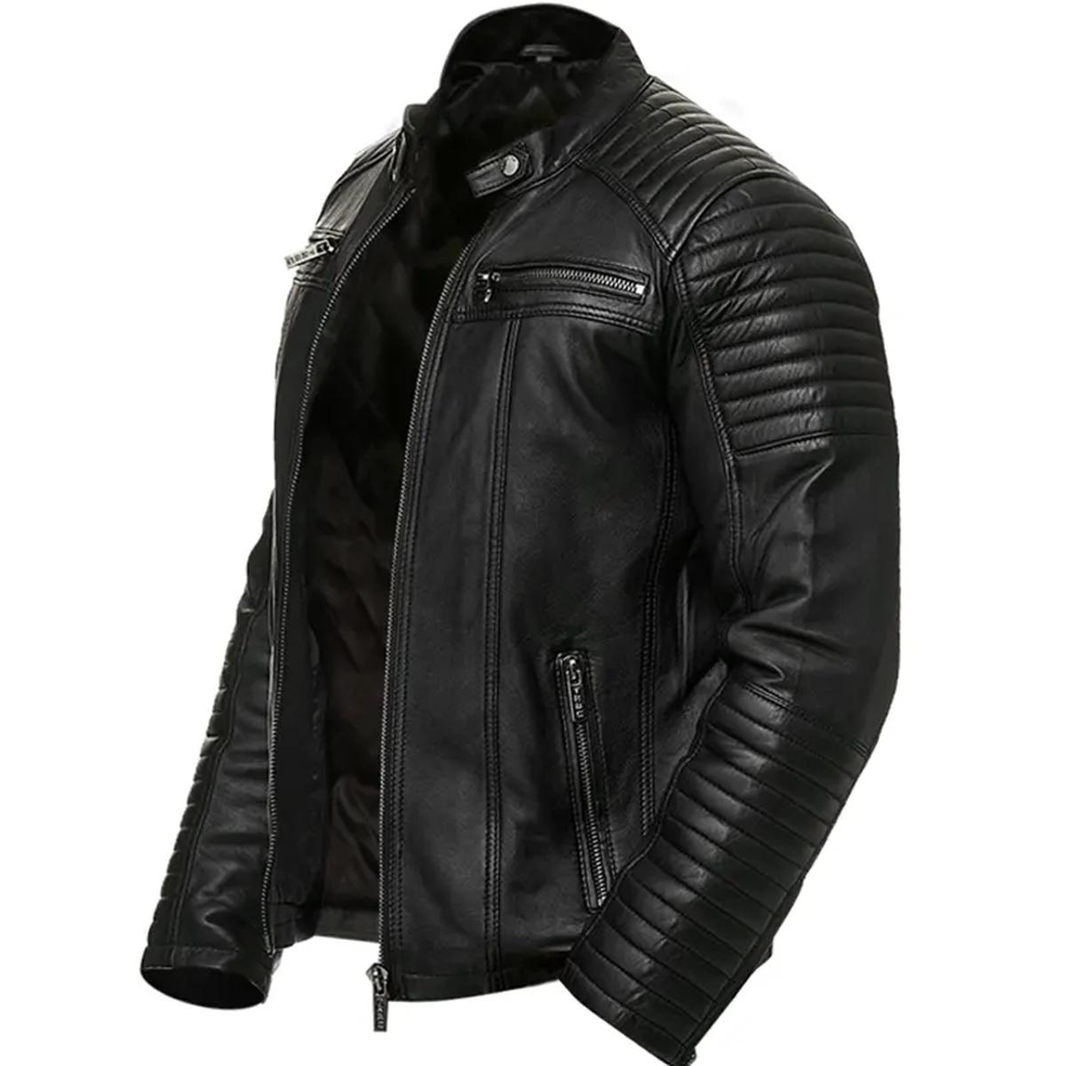 Men Vintage Retro Biker Genuine Leather Jacket in Black (3)