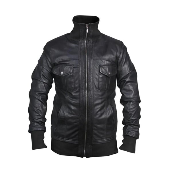 Men Black Slim Fit Bomber Biker Leather Jacket