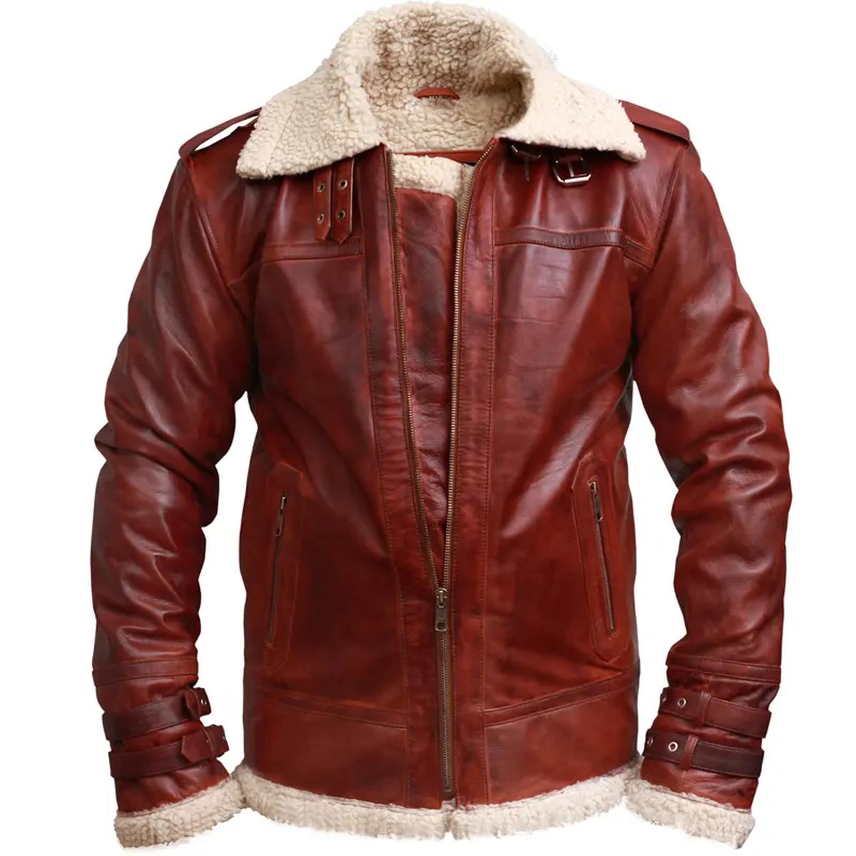 Men Brown Shearling Stand Collar Real Leather Jacket (4)