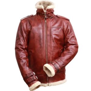 Men Brown Shearling-Style Stand Collar Real Leather Jacket