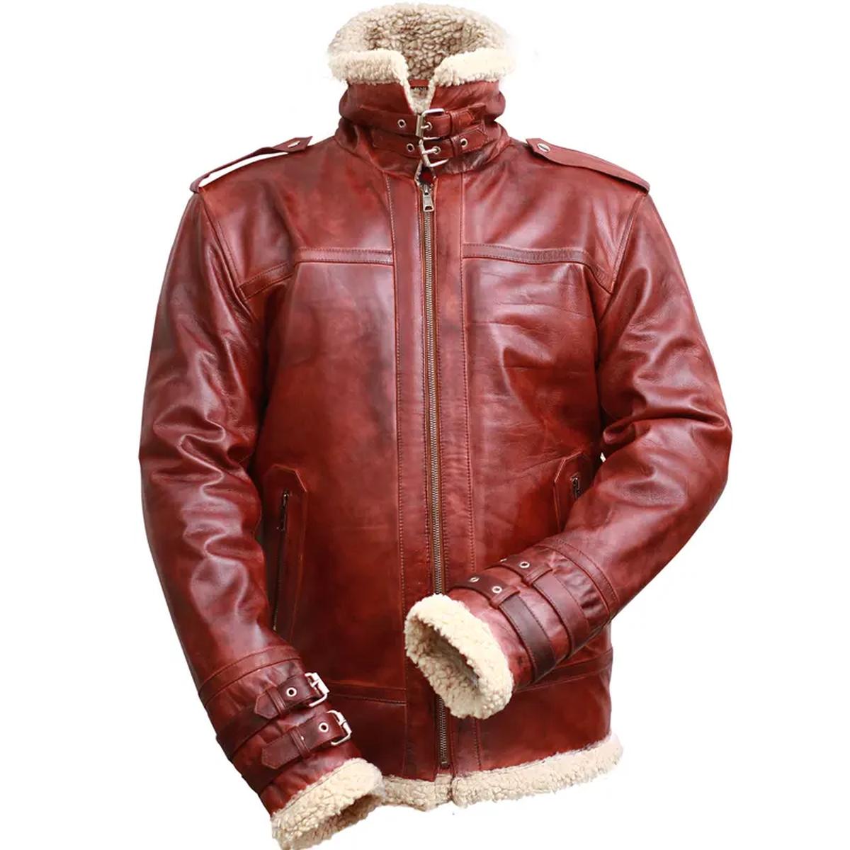 Men Brown Shearling Stand Collar Real Leather Jacket (5)