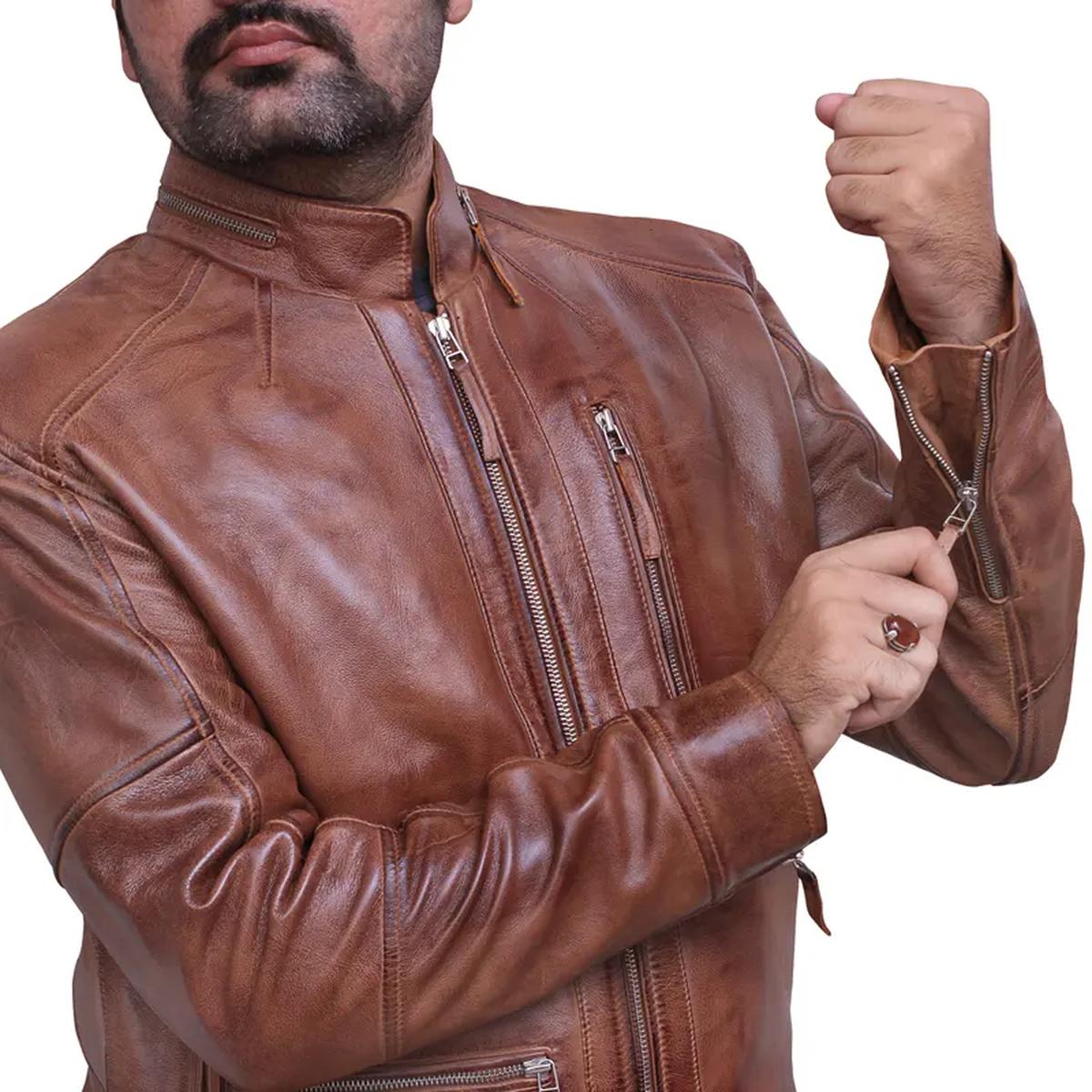 Men Brown Vintage Cafe Racer Style Leather Jacket (7)
