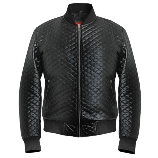 Men Diamond Quilted Black Motorcycle Bomber Jacket