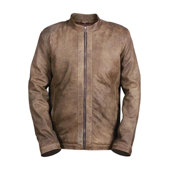 Men Distressed Khaki Motorcycle Leather Jacket