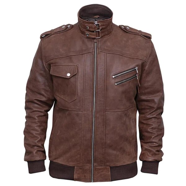Men Distressed Leather Brown Bomber Hooded Jacket