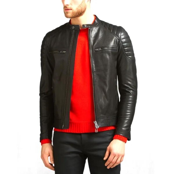 Men Genuine Sheepskin Black Leather Jacket