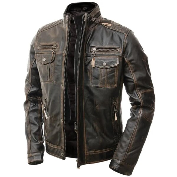 Men Motorcycle Distressed Brown Cafe Racer Leather Jacket