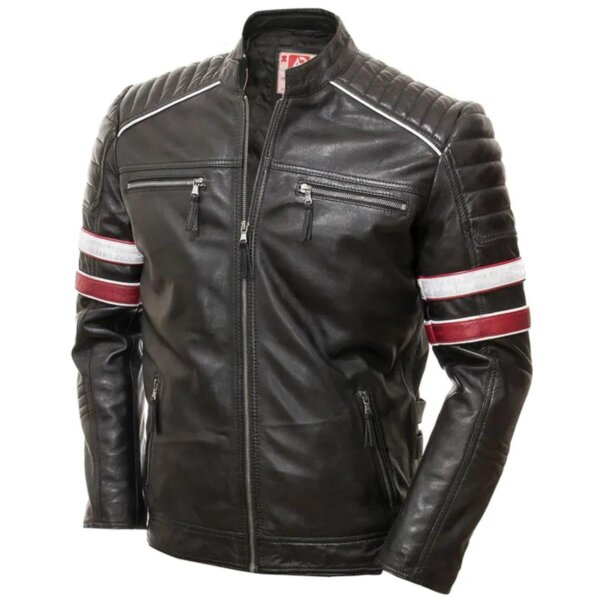 Men Racing Biker Stripes Real Leather Casual Fit Jacket