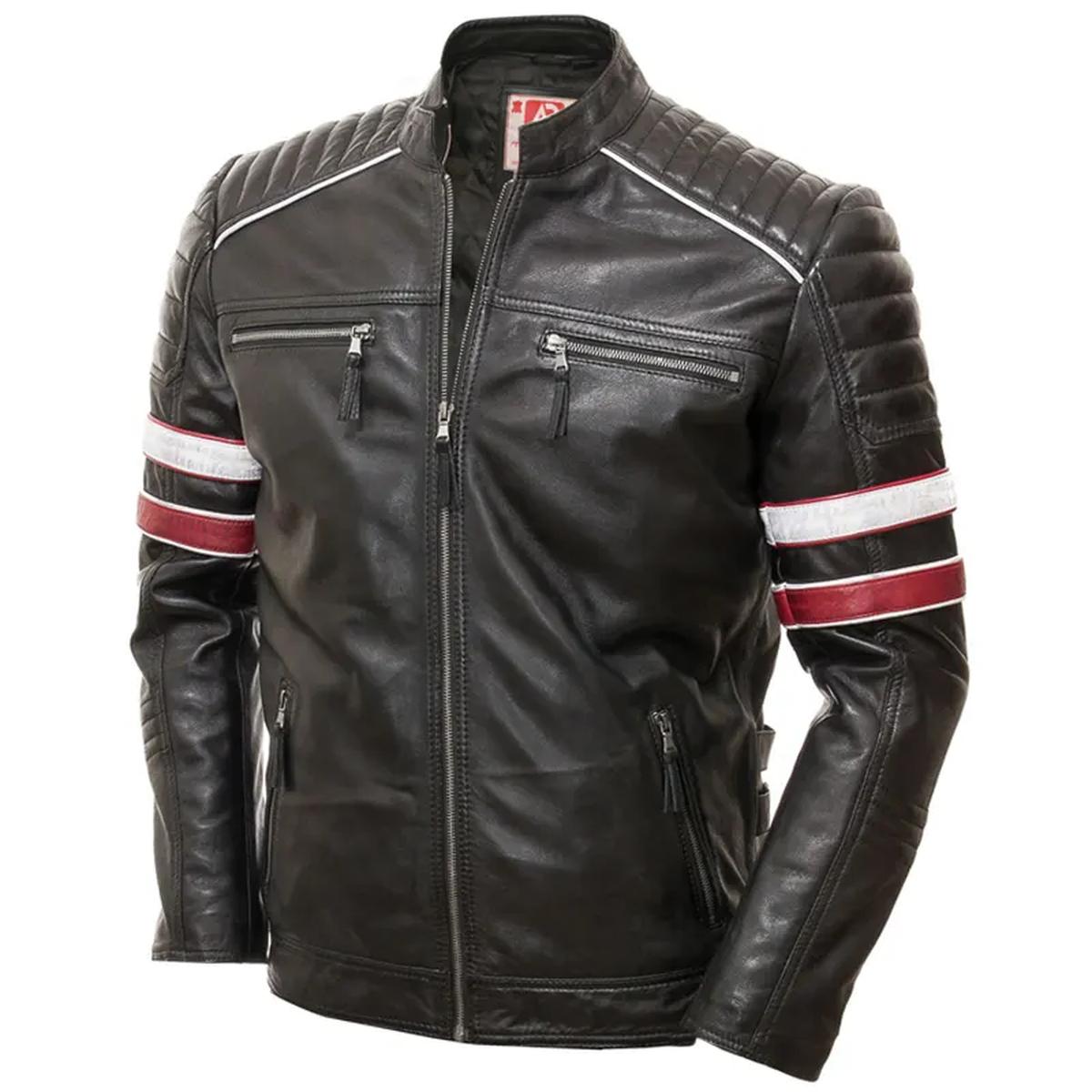 Men Racing Biker Stripes Real Leather Casual Fit Jacket (5)