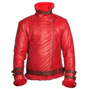 Men Red Shearling-Style Leather Jacket