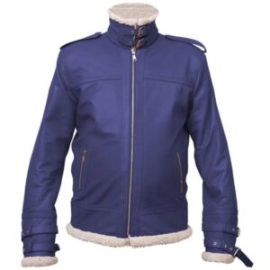 Men Shearling-Style Collar Blue Aviator Leather Jacket