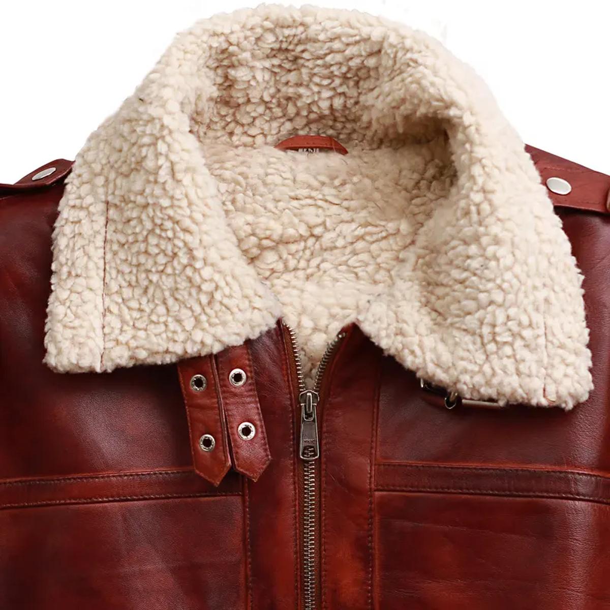Men Brown Shearling Stand Collar Real Leather Jacket (7)