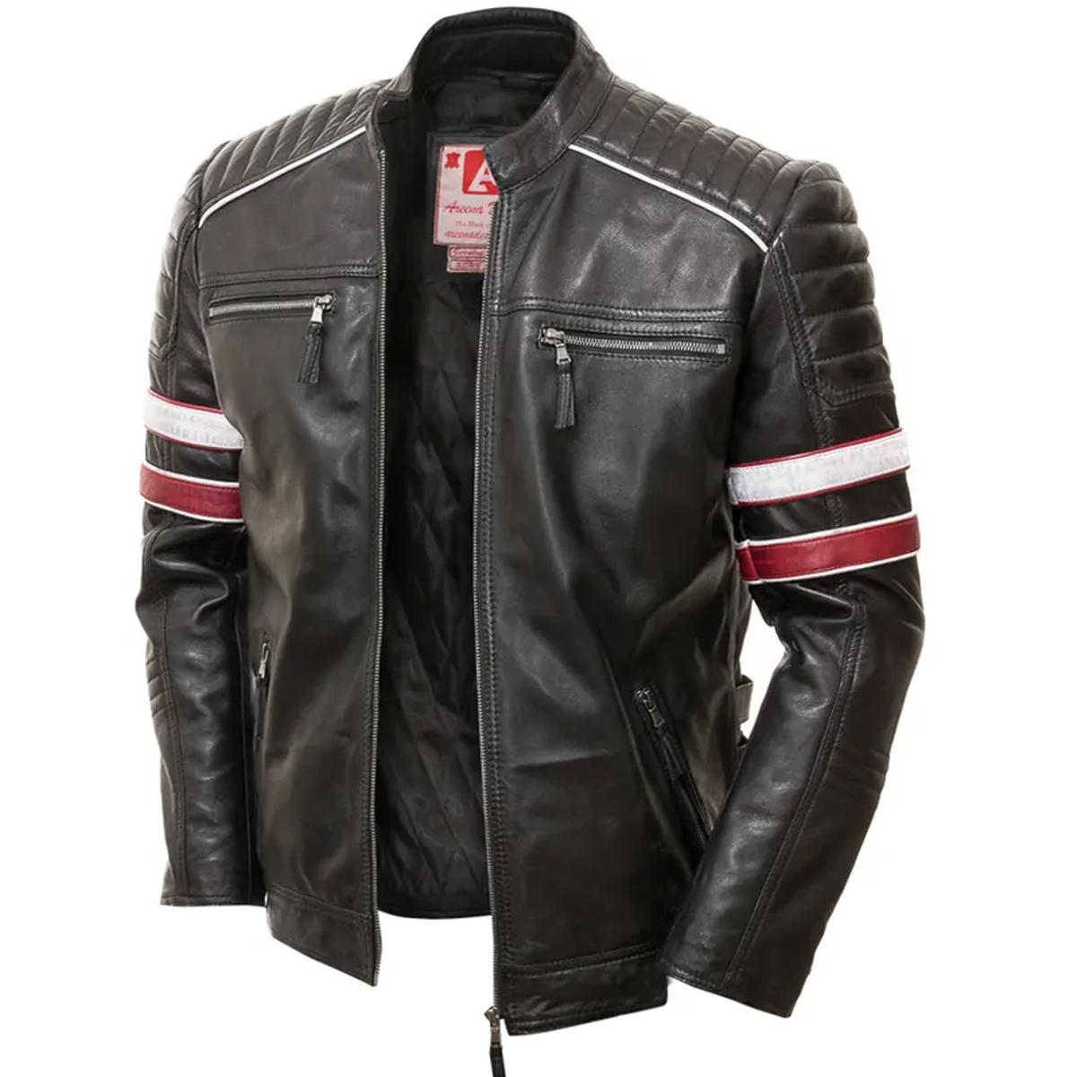 Men Racing Biker Stripes Real Leather Casual Fit Jacket (6)