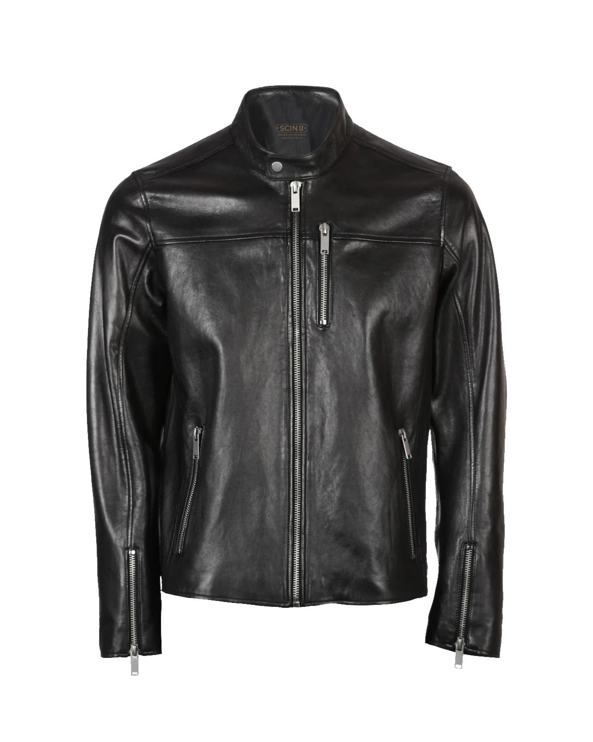 Men Band Collar Biker Leather Jacket
