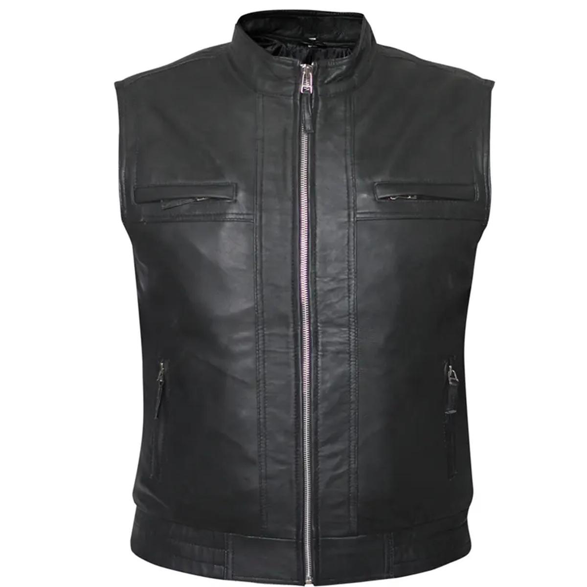 Premium Real Black Motorcycle Leather Vest For Men (6)